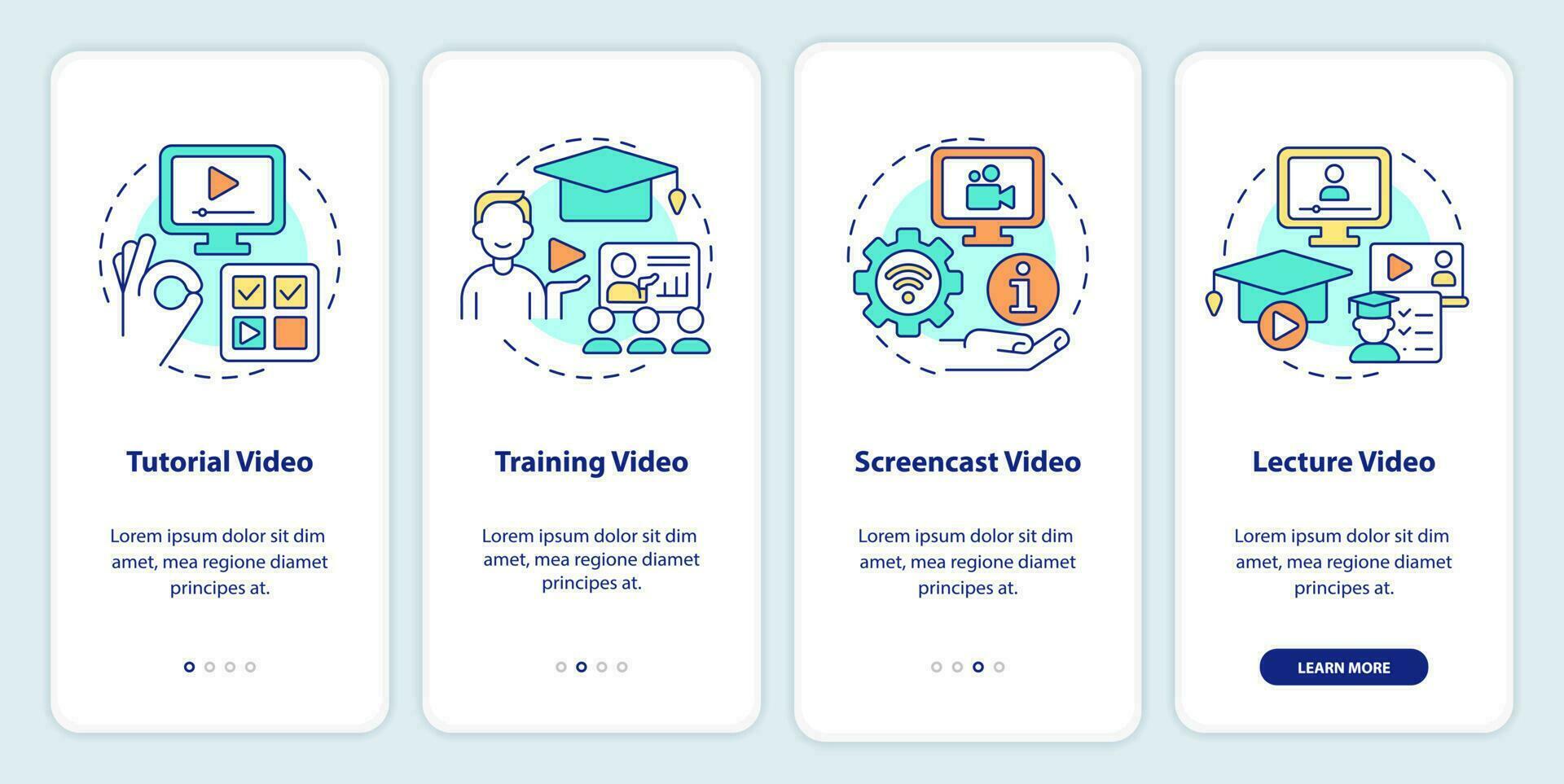 microapprendimento video tipi onboarding mobile App schermo. lezione Procedura dettagliata 4 passaggi modificabile grafico Istruzioni con lineare concetti. ui, ux, gui modello vettore