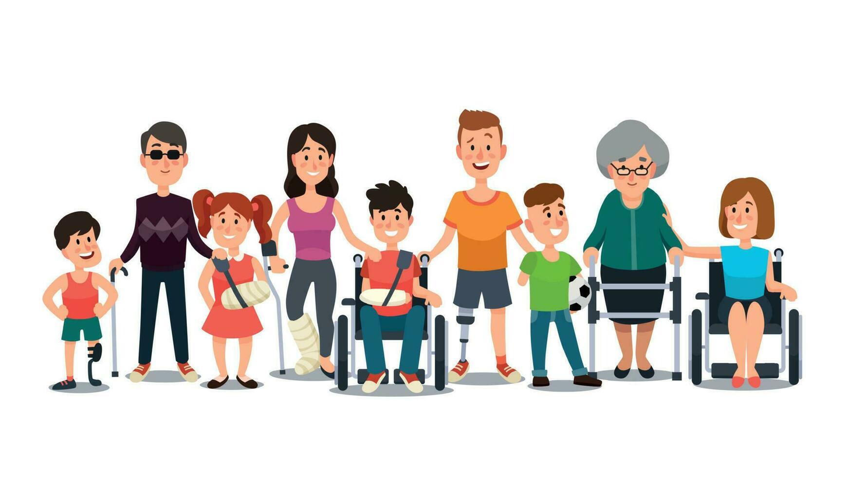 Disabilitato personaggi. persone con speciale necessità. alunno nel sedia a rotelle, uomo con invalidità e anziano su stampelle cartone animato vettore impostato