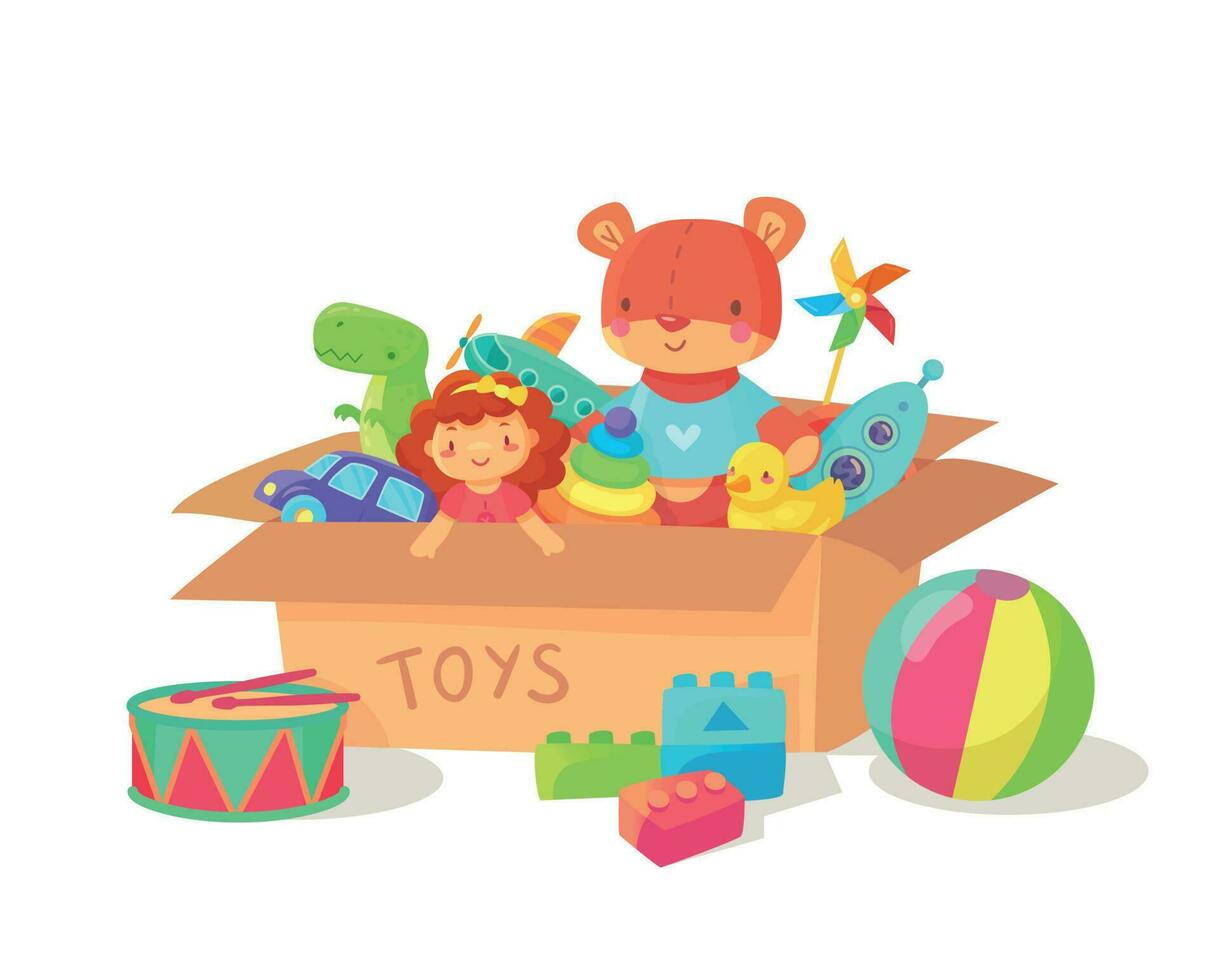 cartone animato bambini giocattoli nel cartone giocattolo scatola. bambini vacanza regalo scatole con bambino giocattoli. giocattolo vettore illustrazione