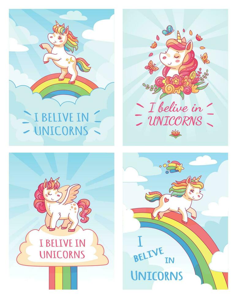 saluto carta scrittura design per ragazza con slogan io credere nel unicorni . arcobaleno colorato unicorno manifesto Stampa vettore