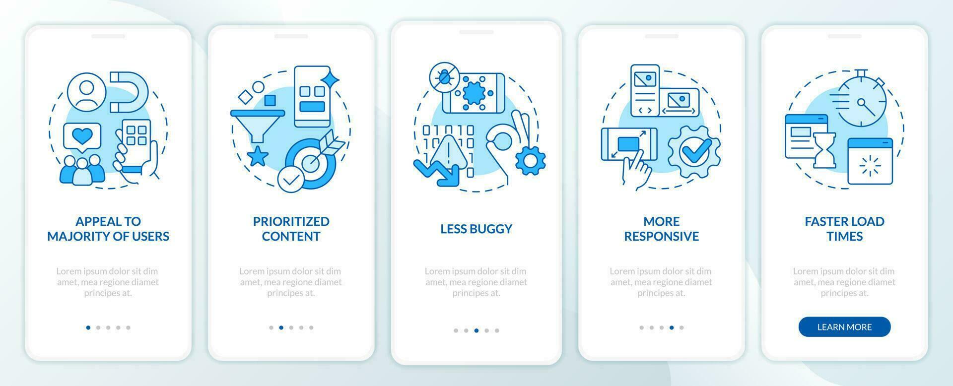 vantaggi di mobile primo design blu onboarding mobile App schermo. Procedura dettagliata 5 passaggi modificabile grafico Istruzioni con lineare concetti. ui, ux, gui modello vettore