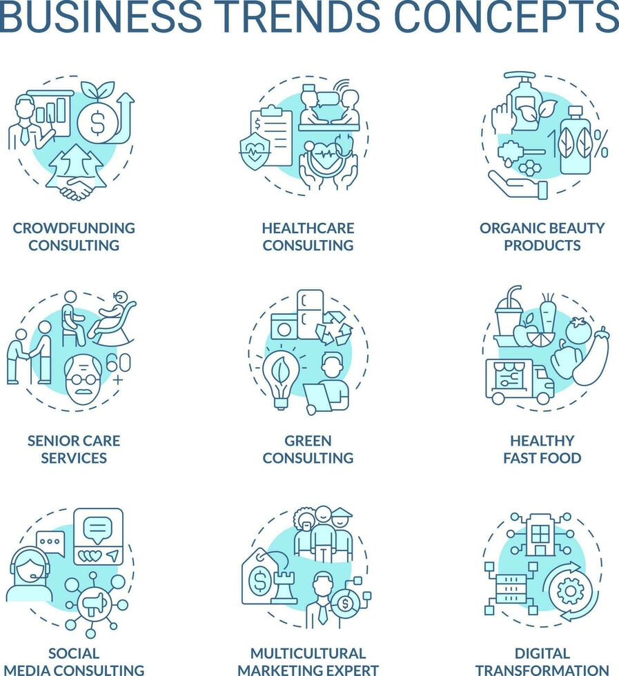 attività commerciale tendenze turchese concetto icone impostare. popolare Servizi e prodotti idea magro linea colore illustrazioni. isolato simboli. modificabile ictus vettore