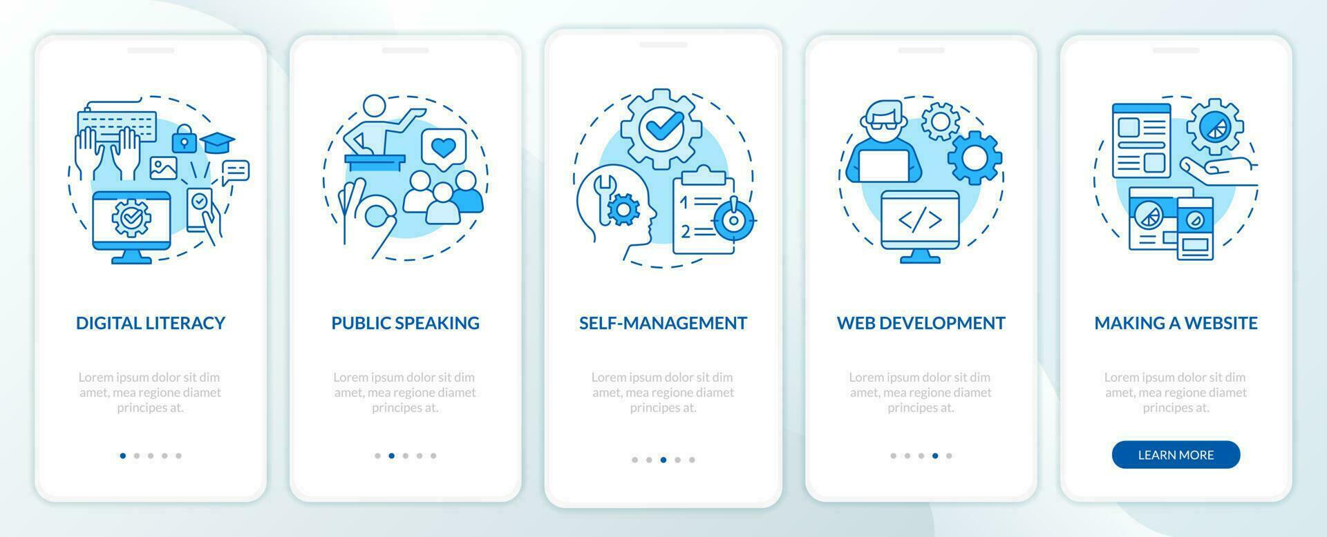 importante competenze blu onboarding mobile App schermo. professione Procedura dettagliata 5 passaggi modificabile grafico Istruzioni con lineare concetti. ui, ux, gui modello vettore