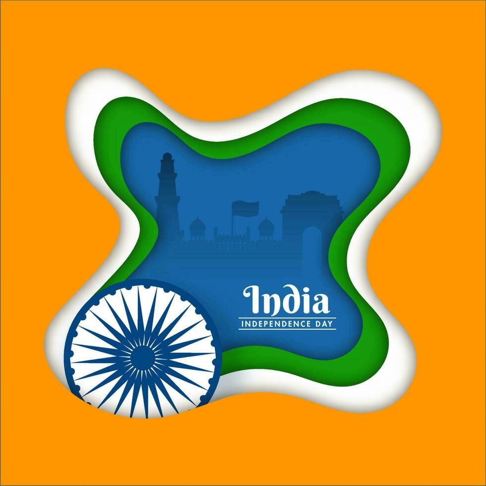 indiano bandiera colore carta tagliare sfondo con Ashoka ruota e blu silhouette India famoso monumenti per indipendenza giorno concetto. vettore