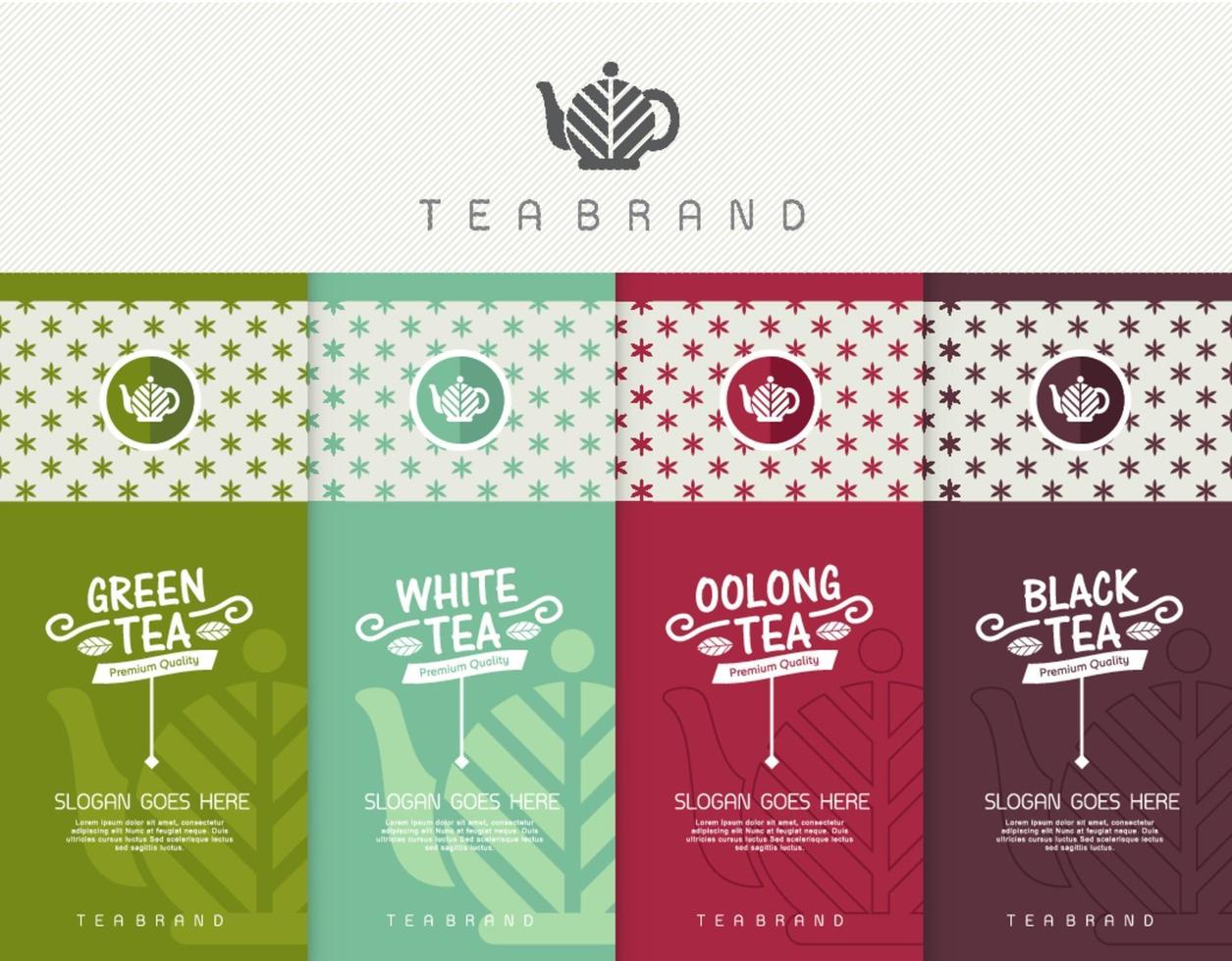 set vettoriale di modelli per confezionare tè, logo, etichette, banner, poster, identità, branding. design elegante per tè nero - tè verde - tè bianco - tè oolong