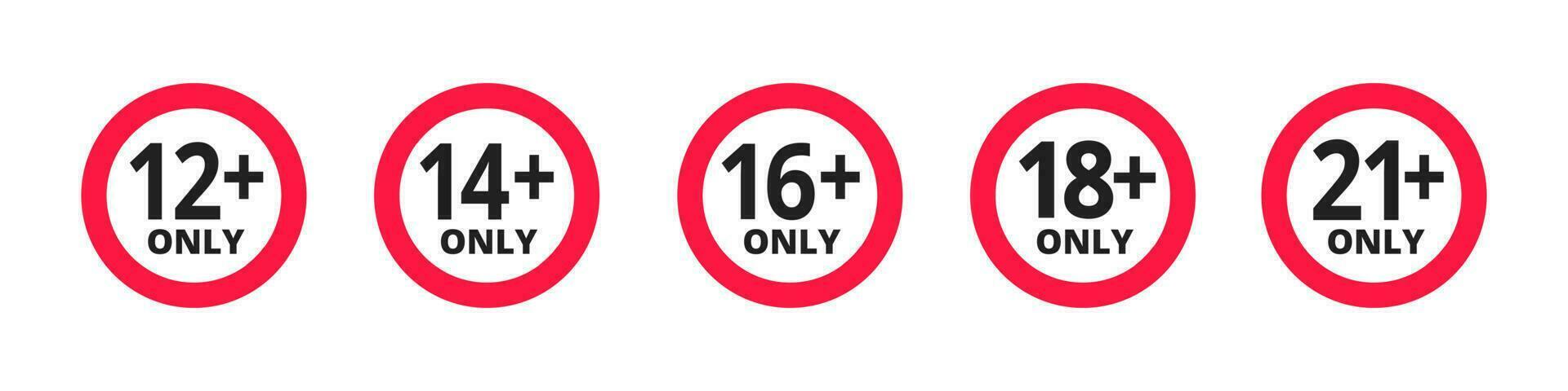adulti soddisfare solo età restrizione 12, 14, 16, 18, 21 più anni vecchio icona segni impostare. vettore