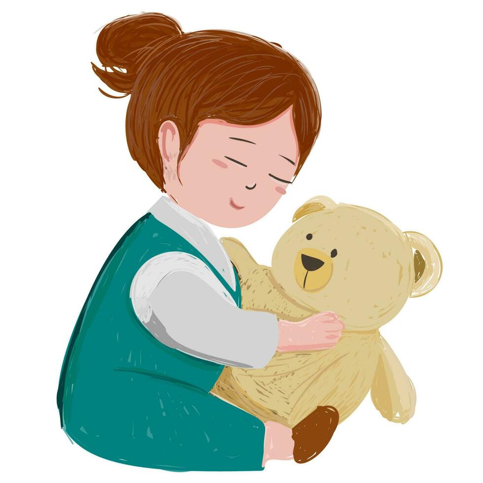 triste poco ragazza seduta solo con sua orsacchiotto orso. raffigurante un' triste, abusato ragazza solo e impaurito. illustrazione per indirizzo violenza, trascurare, e senzatetto. clip arte di sostegno, amore. mano disegnato vettore