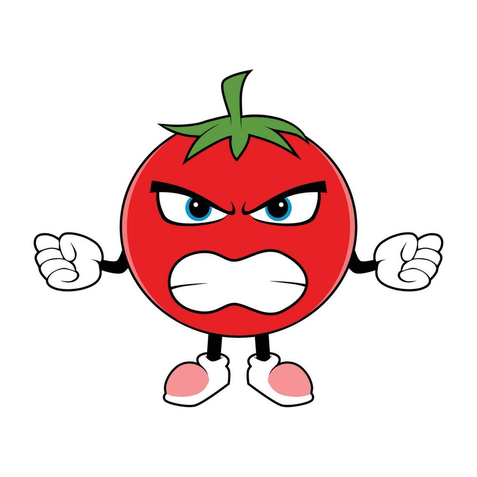 pomodoro frutta cartone animato portafortuna con arrabbiato viso. vettore illustrazione di rosso pomodoro personaggio con vario carino espressione