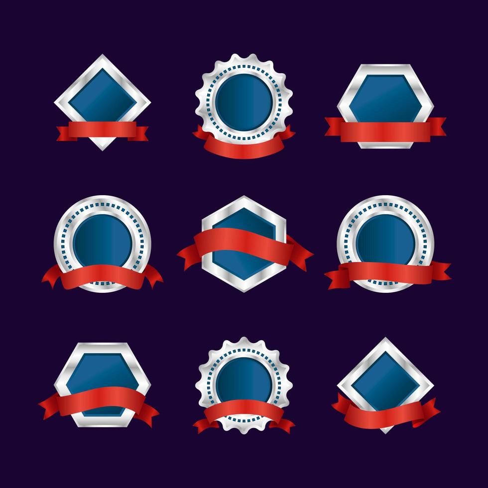 nastro rosso con collezione di badge argento blu vettore