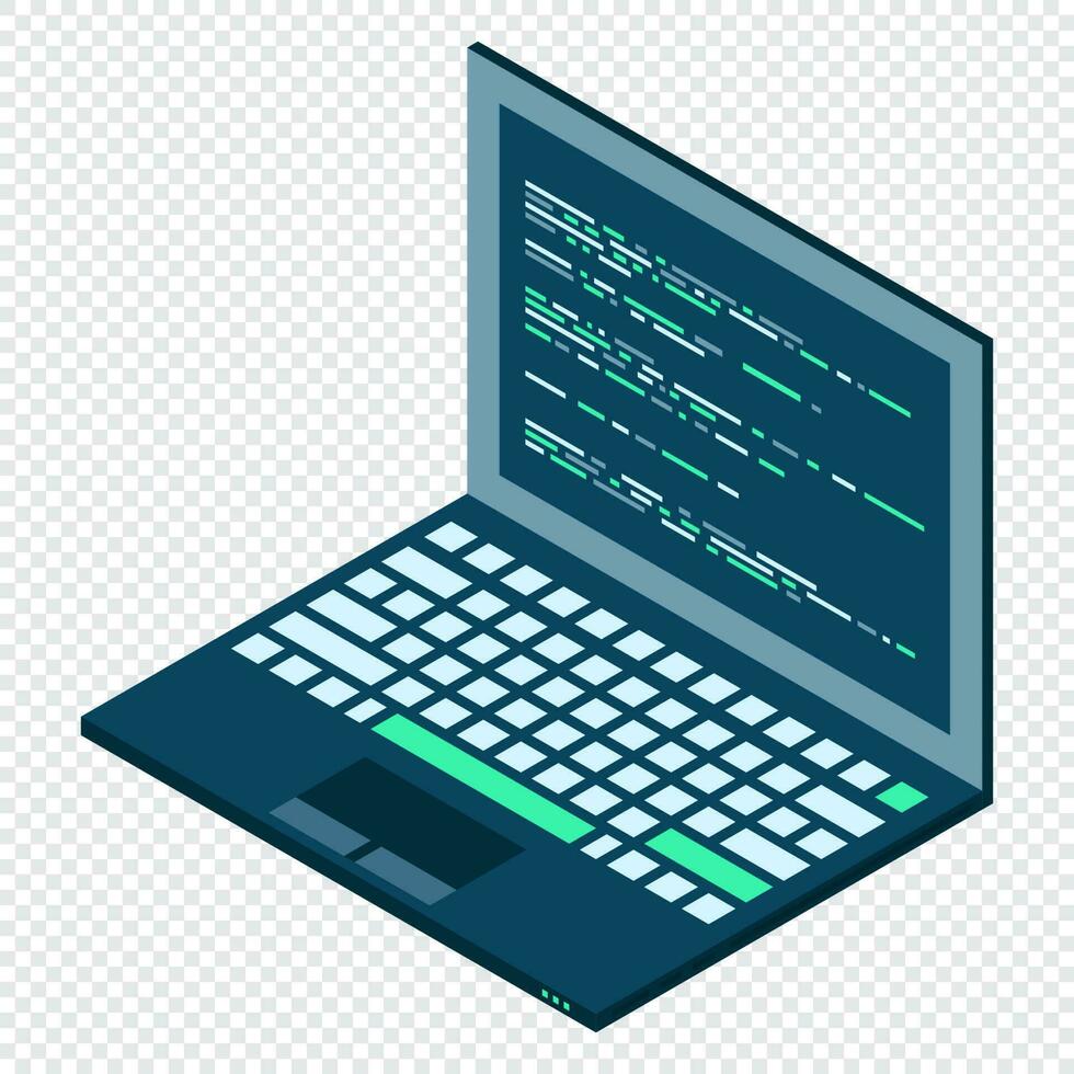 isometrico il computer portatile. 3d isometrico il computer portatile computer. astratto programmazione linguaggio e programma codice su un' il computer portatile schermo. vettore illustrazione