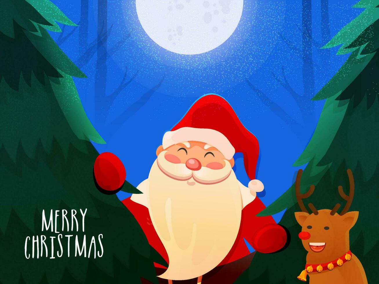 allegro Natale celebrazione saluto carta design con illustrazione di Santa claus, renna e natale albero su chiaro di luna sfondo. vettore