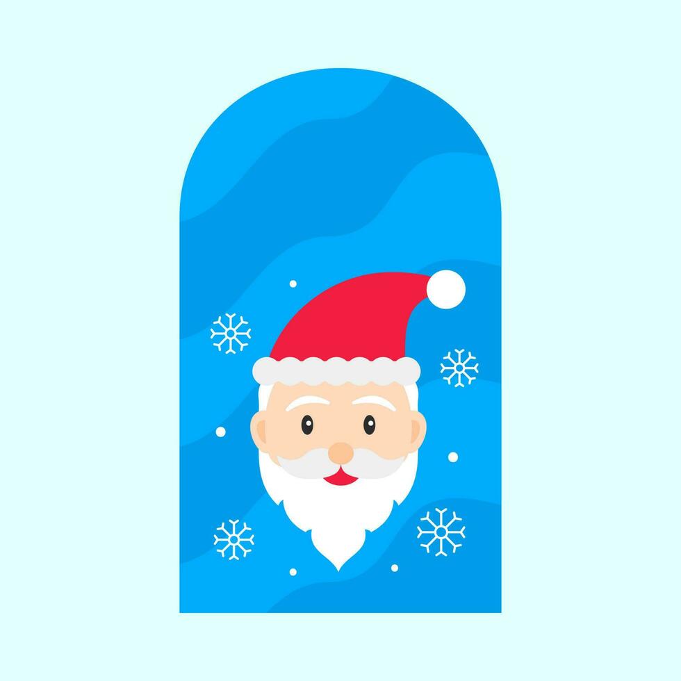 cartone animato Santa con nevicata a finestra contro blu sfondo. vettore