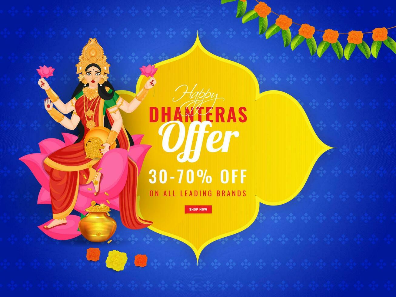 vendita bandiera o manifesto design con sconto offrire e illustrazione di dea lakshmi maa su blu sfondo per contento dhanteras celebrazione concetto. vettore