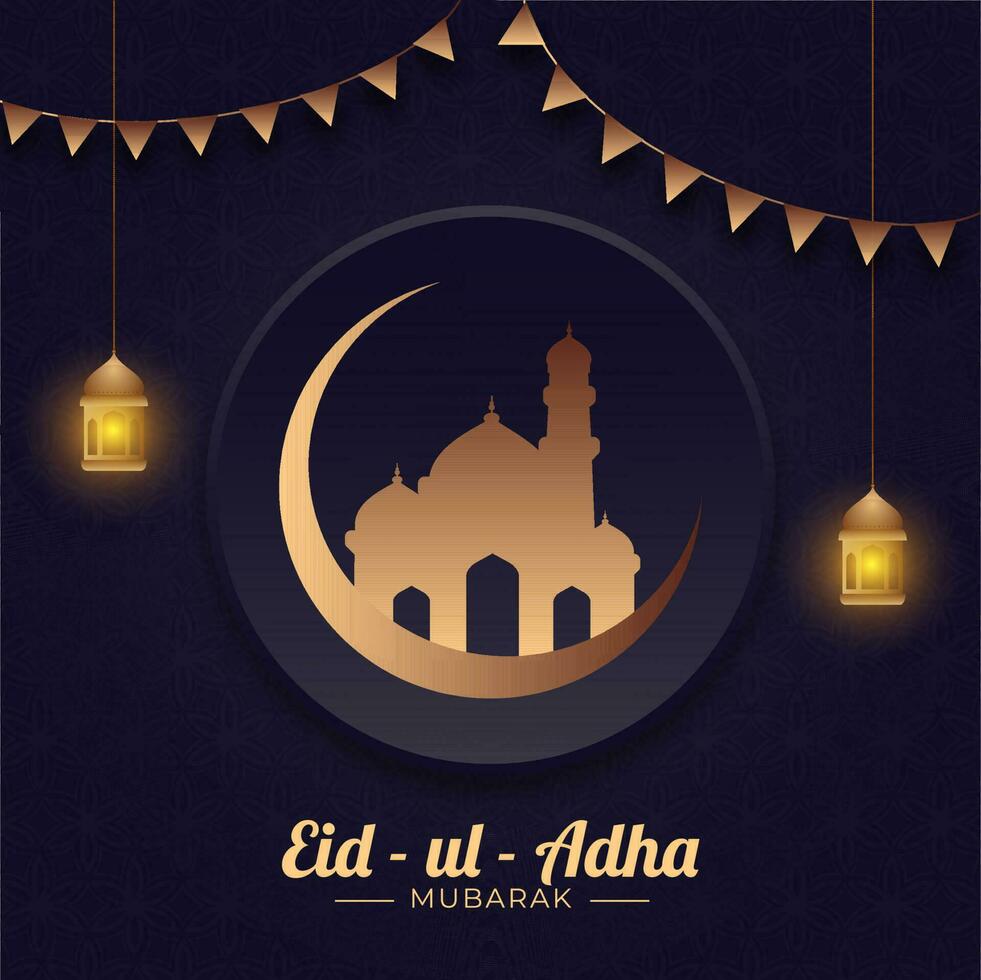 Eid-ul-Adha mubarak concetto con bronzo mezzaluna Luna, moschea, sospeso illuminato lanterne e pavese bandiere su blu Arabo modello sfondo. vettore