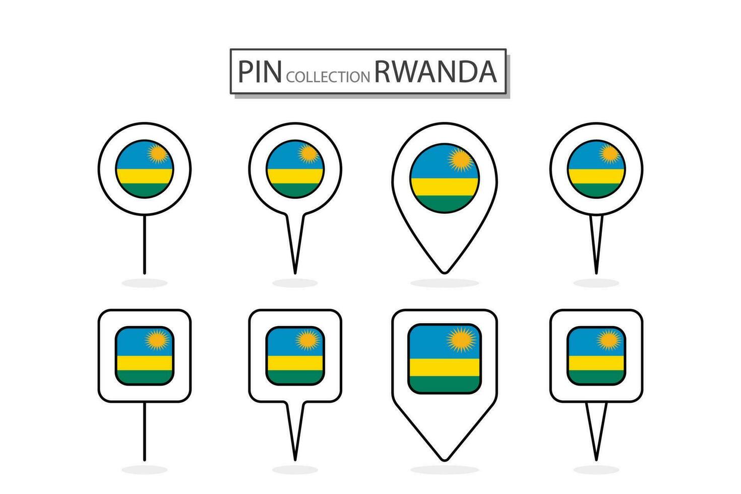 impostato di piatto perno Ruanda bandiera icona nel diverso forme piatto perno icona illustrazione design. vettore