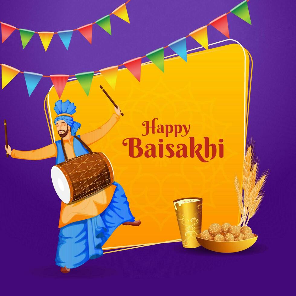 illustraion di punjabi festiva Baisakhi o vaisakhi con un' contento punjabi uomo giocando tamburo e l'esecuzione tradizionale danza bhangra con culbianco, dolce e bevanda su viola sfondo. vettore