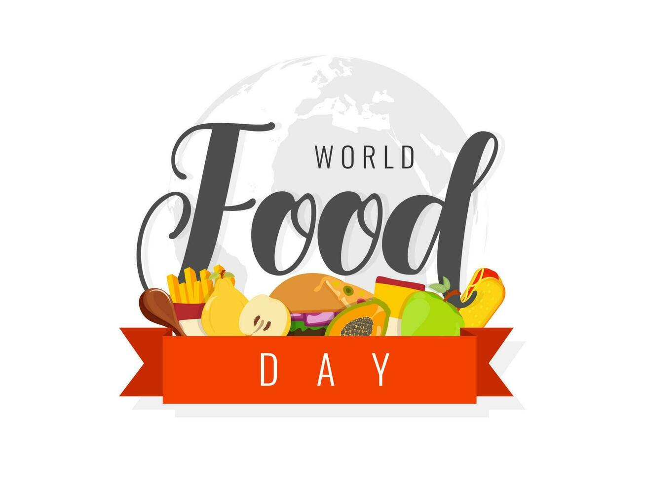 mondo cibo giorno concetto con frutta, pollo gamba e veloce cibo su terra globo sfondo. può essere Usato come bandiera o manifesto design. vettore