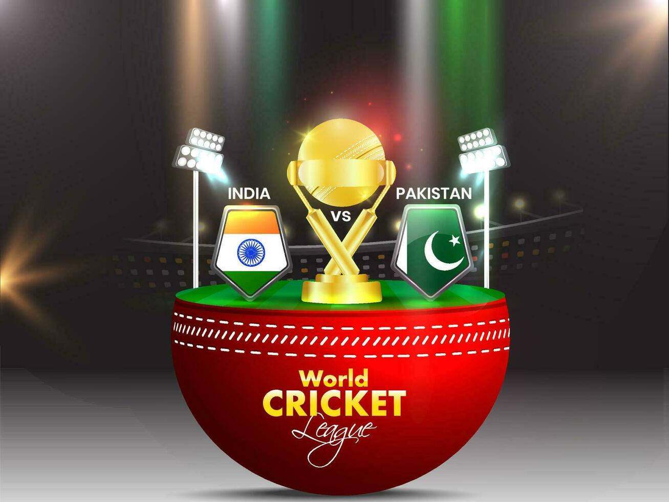 creativo manifesto o bandiera design. illustrazione di cricket intonazione e trofeo su metà rosso palla per mondo cricket lega. incontro fra India, Pakistan. vettore