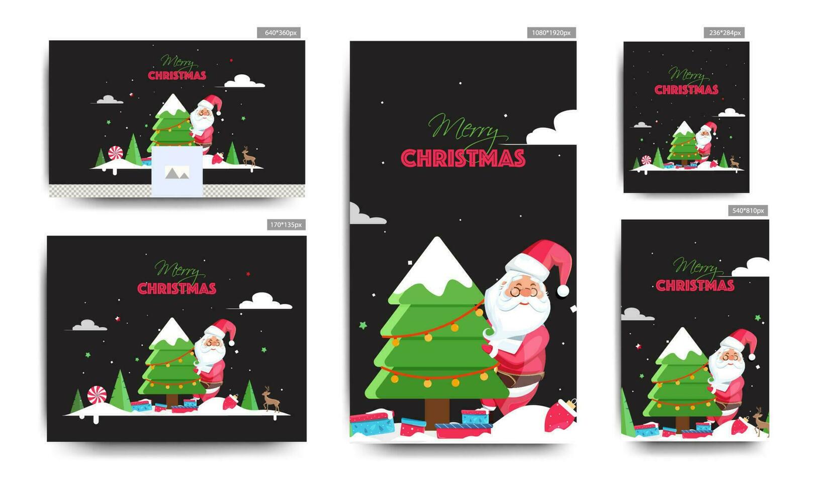 sociale media manifesto e modello design collezione con illustrazione di Santa Claus Tenere decorativo natale albero e regalo scatole su nero sfondo per allegro Natale celebrazione. vettore