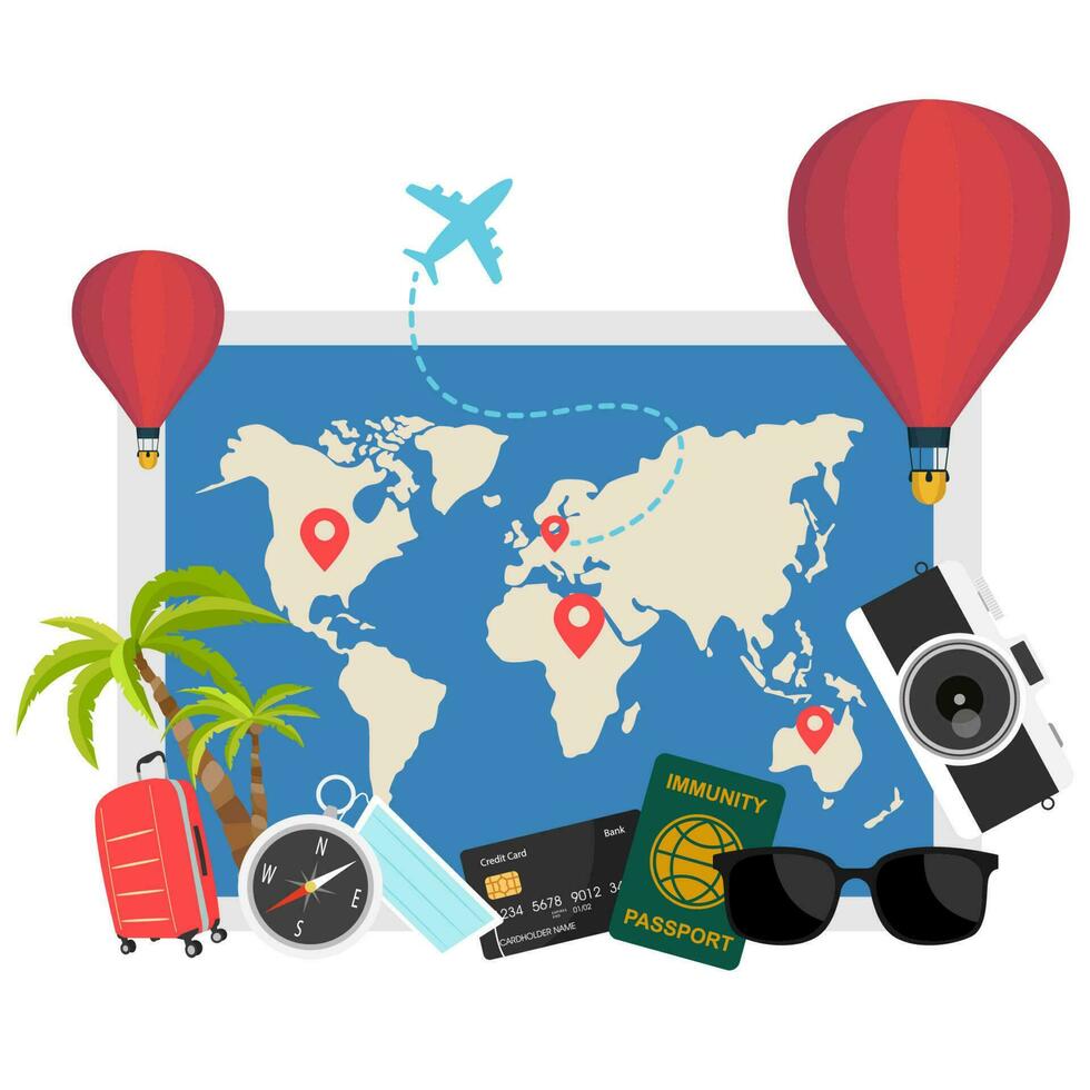 i viaggiatori del desktop con valigia, telecamera, aereo biglietto, passaporto, bussola e binocolo, viaggio e vacanze concetto. sicuro viaggio e immunità passaporto o maschera. vettore