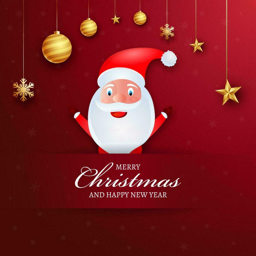 carino Santa Claus con sospeso d'oro palline, stelle e i fiocchi di neve decorato su rosso sfondo per allegro Natale e contento nuovo anno celebrazione. vettore