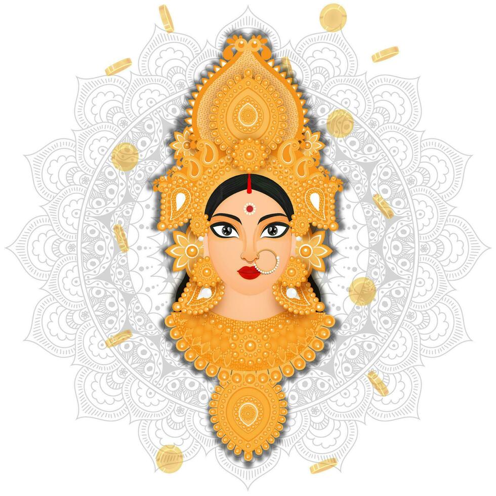illustrazione di dea Durga maa viso con monete decorato su mandala modello sfondo. vettore