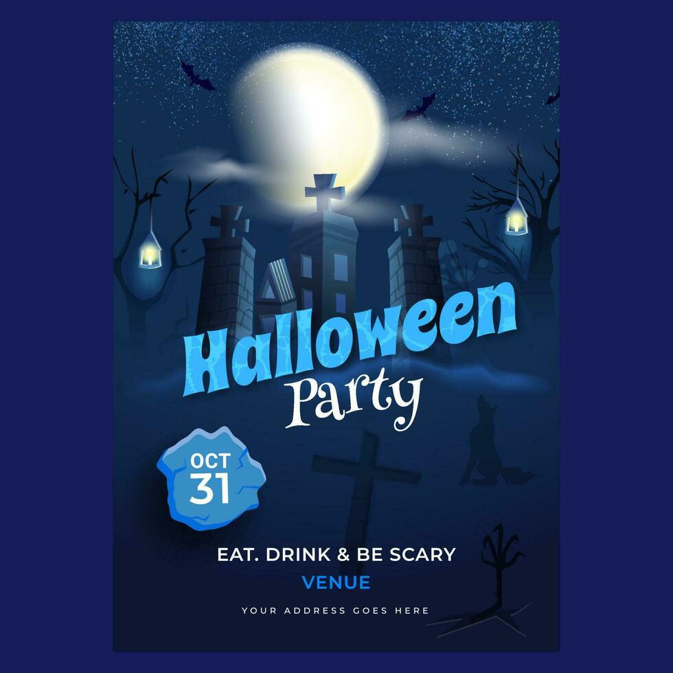 Halloween festa invito carta design con frequentato Casa e evento dettagli su pieno Luna notte sfondo. vettore