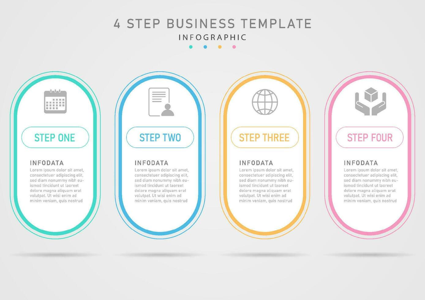 4 passo moderno Infografica bianca arrotondato piazza modello attività commerciale pianificazione multicolore schema lettera superiore icona. su bianca sfondo. grigio pendenza sfondo, design per marketing, finanza, Prodotto. vettore