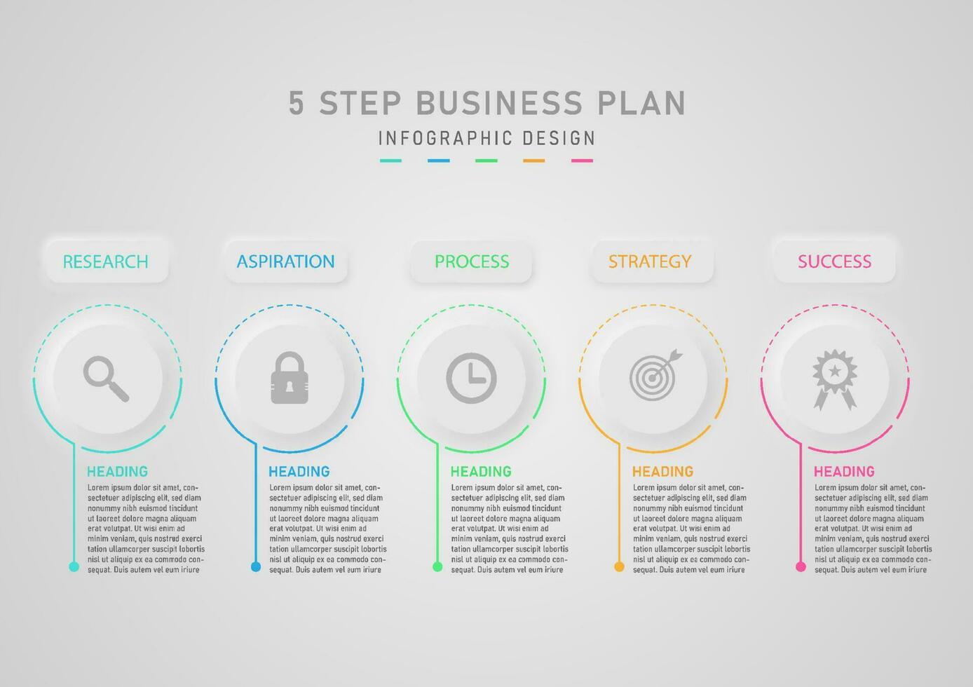 moderno Infografica 5 passaggi per riuscito attività commerciale pianificazione il cerchio pulsante ha un' multicolore schema. icona nel il mezzo di il superiore piazza pulsante. grigio pulito sfondo vettore