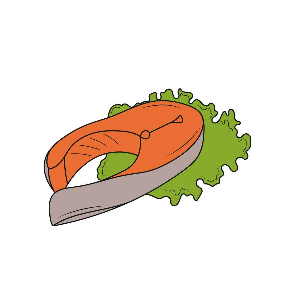 salmone pesce bistecca su un' lattuga foglia. linea arte disegno. mano disegnato vettore illustrazione.