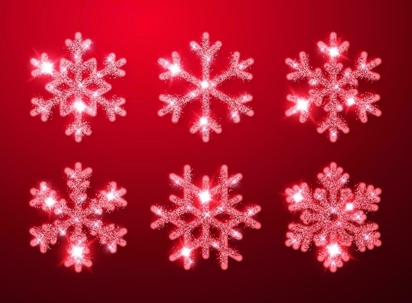 splendente rosso luccichio raggiante i fiocchi di neve su rosso sfondo. Natale e nuovo anno decorazione. vettore illustrazione