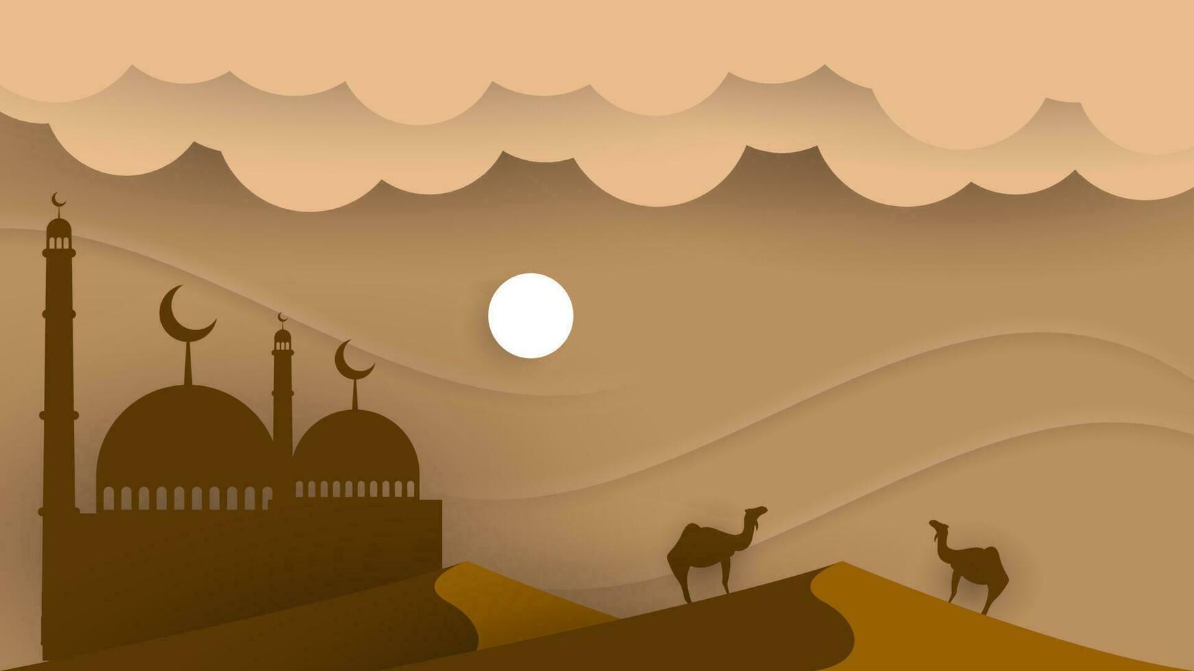 arabo papercut vettore illustrazione con moschea, cammello, deserto, nube e Luna nel pastello colore