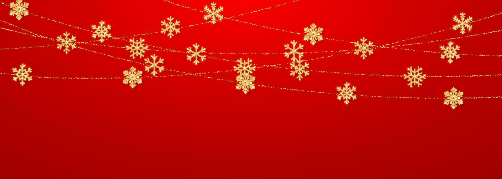 Natale o nuovo anno d'oro fiocco di neve decorazione ghirlanda su rosso sfondo. sospeso luccichio fiocco di neve. vettore illustrazione