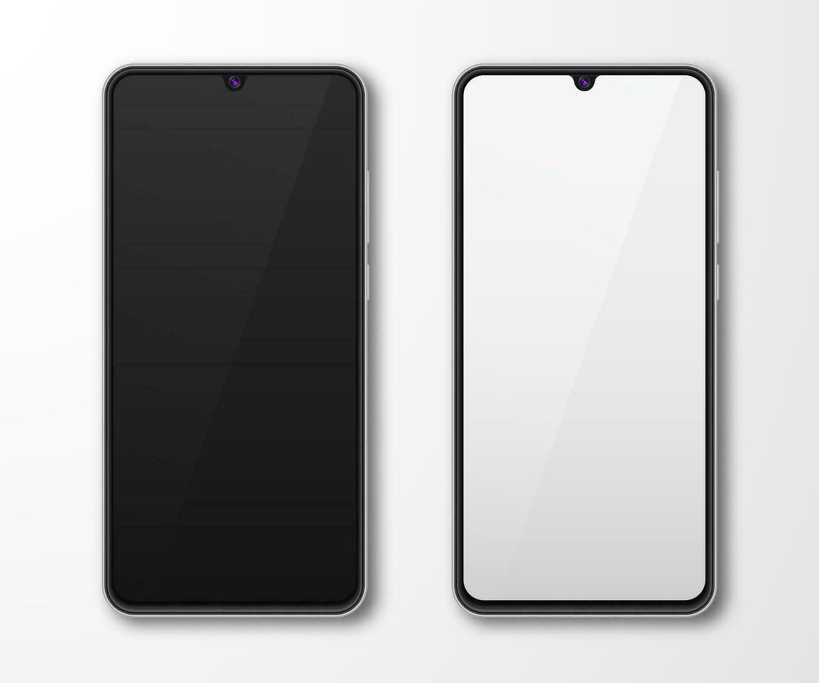 realistico smartphone finto su impostare. mobile Telefono Schermo isolato su bianca grigio sfondo. 3d modello illustrazione. vettore illustrazione