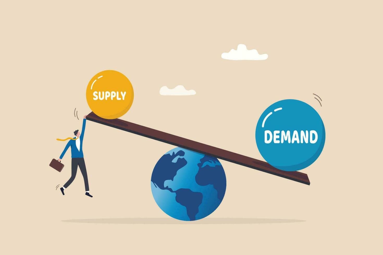 richiesta vs fornitura equilibrio, mondo economico fornitura catena problema, mercato prezzi modello per merce e servizio, costo o Al dettaglio concetto, uomo d'affari Tenere altalena equilibrio di richiesta e fornitura su il globo. vettore