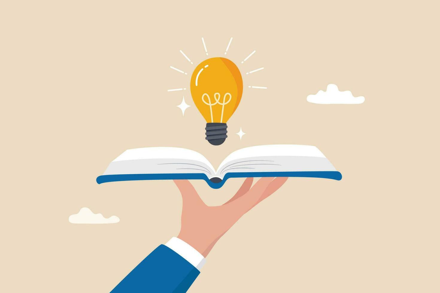 conoscenza o formazione scolastica, studia o apprendimento nuovo abilità, creatività o idea, lettura libro per ispirazione, scoprire soluzione o letteratura, saggezza concetto, mano hold Aperto libro per scoprire lampadina idea. vettore