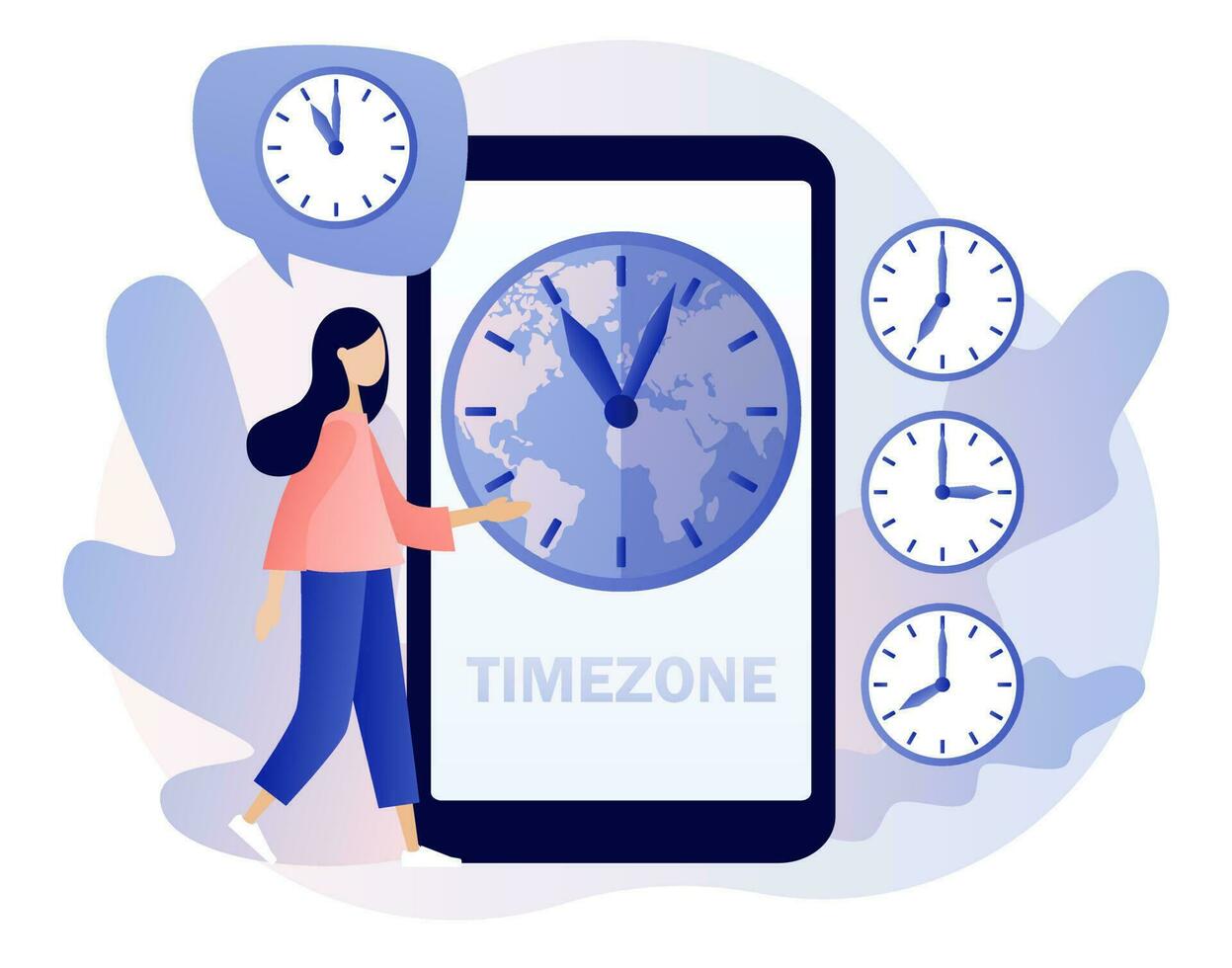 tempo zone. internazionale tempo e Data. orologio mostrando Locale tempo nel smartphone app. minuscolo attività commerciale donna In tutto il mondo. moderno piatto cartone animato stile. vettore illustrazione su bianca sfondo