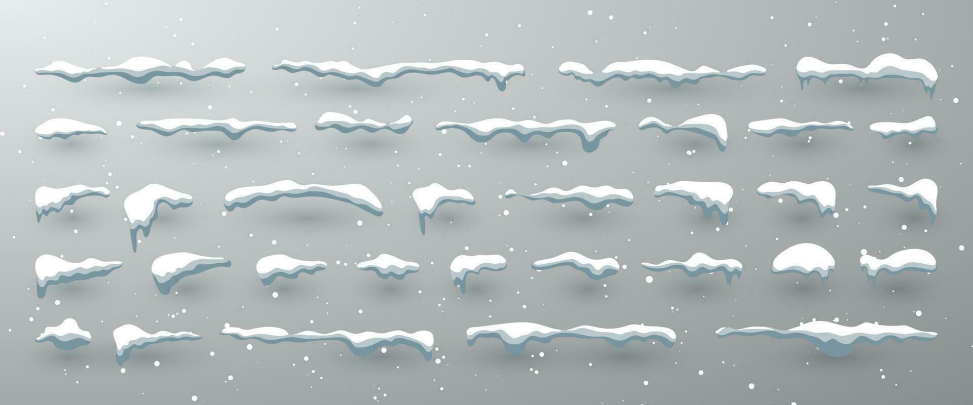 neve berretti, palle di neve e cumuli di neve impostare. neve berretto vettore collezione. inverno decorazione elemento. nevoso elementi su inverno sfondo. cartone animato modello. illustrazione