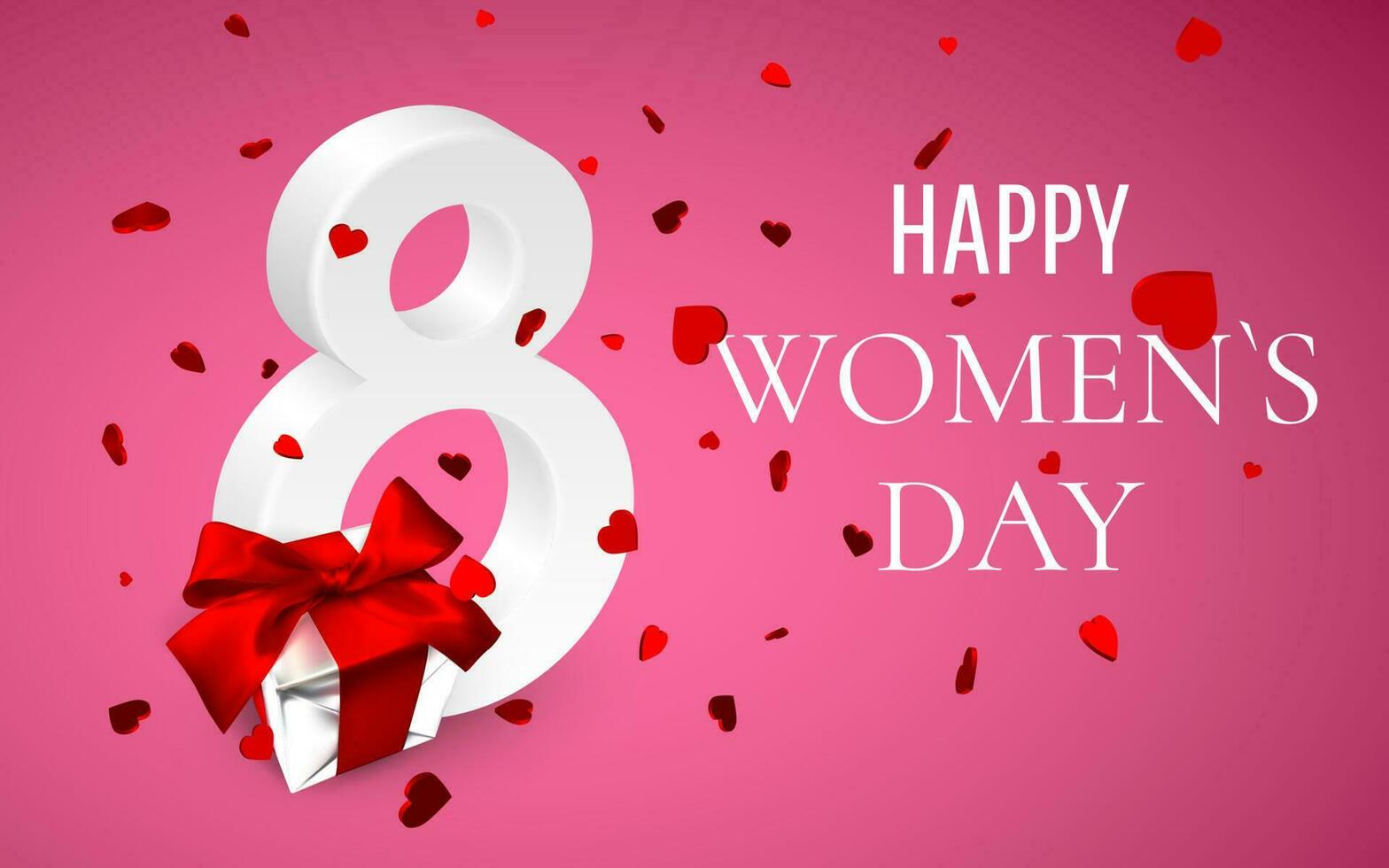 8 marzo contento Da donna giorno. regalo scatola con rosso arco e volante cuori su rosa sfondo. vettore illustrazione