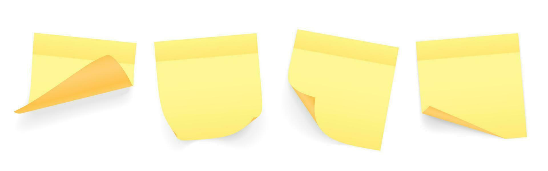 collezione di giallo colorato lenzuola di Nota documenti con arricciato angolo e ombra, pronto per il tuo Messaggio. realistico. isolato su bianca sfondo. impostare. vettore illustrazione