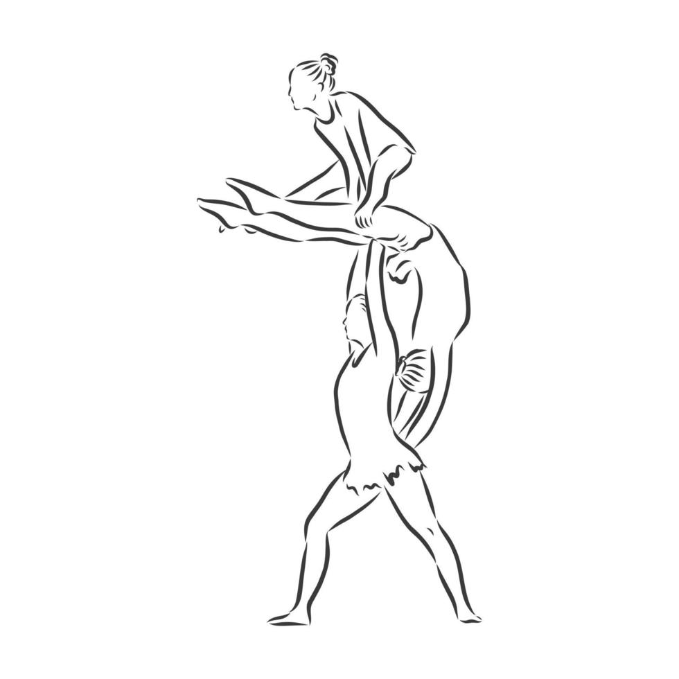 acrobatico, equilibrio, performance, concetto di cooperazione. acrobati disegnati a mano che si esibiscono sullo schizzo del concetto di scena. illustrazione vettoriale isolato, acrobazie, illustrazione di schizzo vettoriale