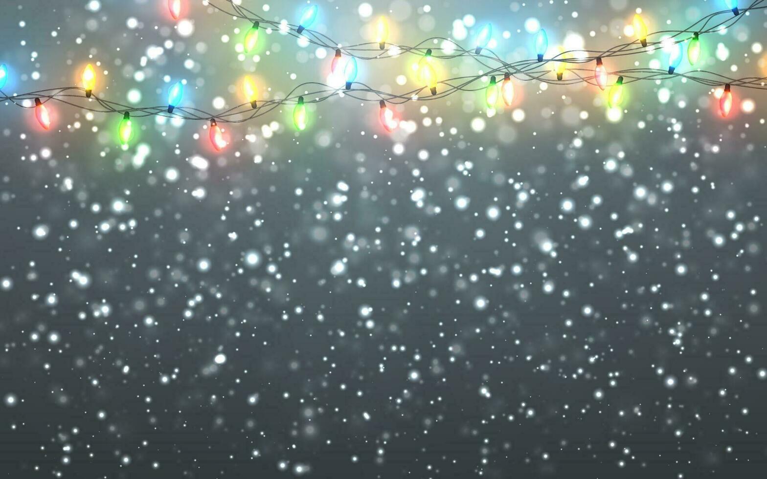 Natale neve. caduta bianca i fiocchi di neve su buio sfondo. natale colore ghirlanda, festivo decorazioni. raggiante Natale luci. vettore nevicata, i fiocchi di neve volante nel inverno aria