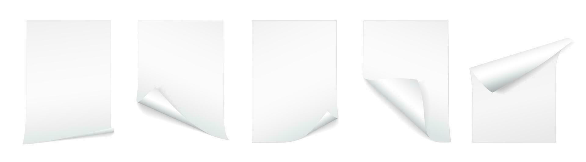 vuoto a4 foglio di bianca carta con arricciato angolo e ombra, modello per il tuo design. impostare. vettore illustrazione