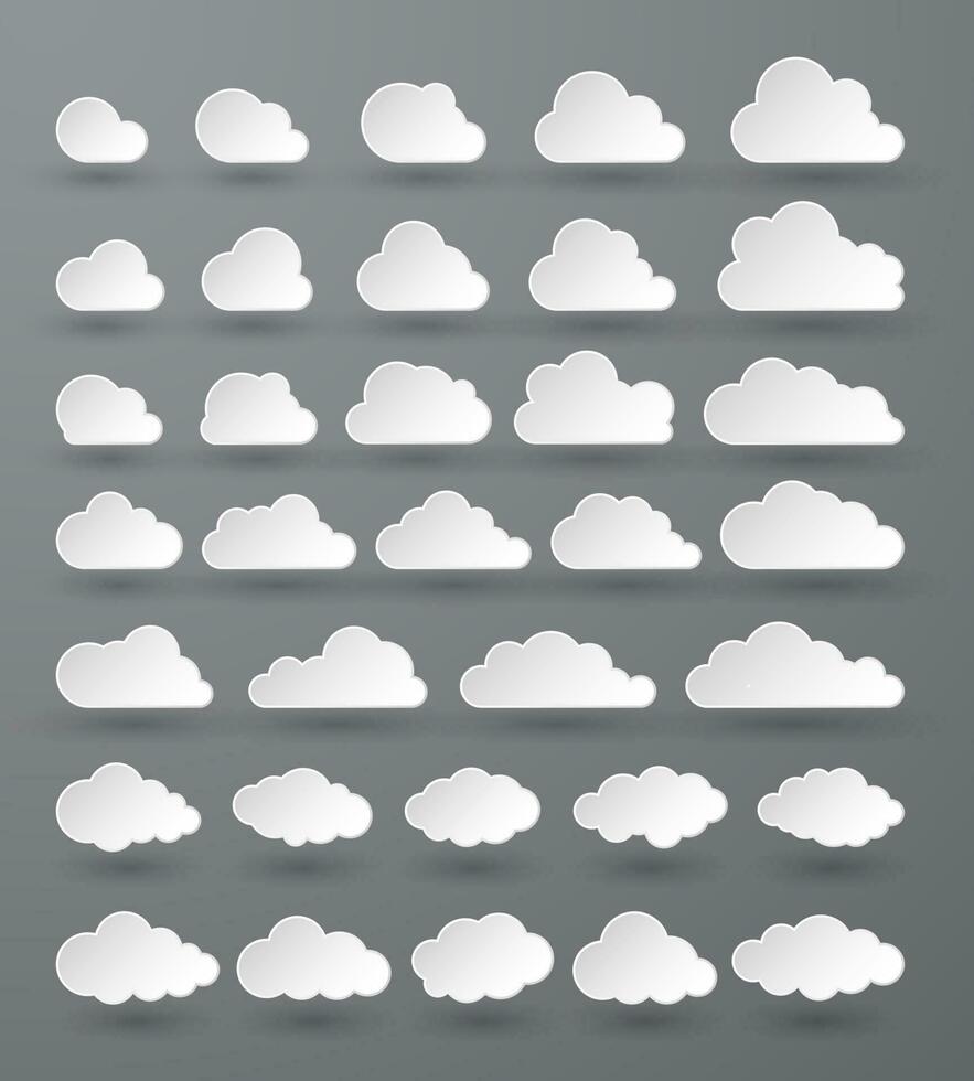 nube. astratto bianca nuvoloso impostato isolato su buio sfondo. vettore illustrazione