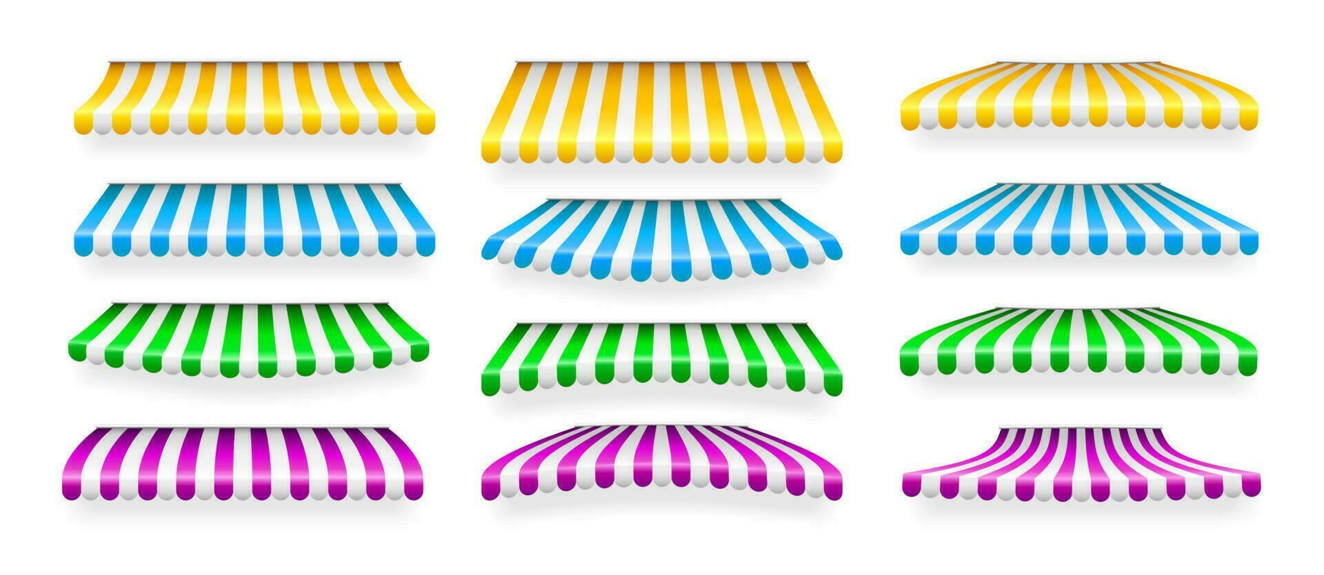 realistico a strisce negozio parasole. memorizzare tenda da sole. negozio tenda isolato impostare. vettore illustrazione