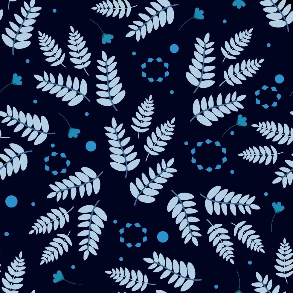 stile scandinavo. modello di foglie, rami, ramoscelli nel freddo colore invernale blu. illustrazione piana di vettore disegnato a mano