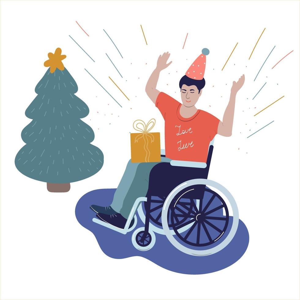 persona disabile in sedia a rotelle festeggia il nuovo anno, natale, compleanno. illustrazione vettoriale