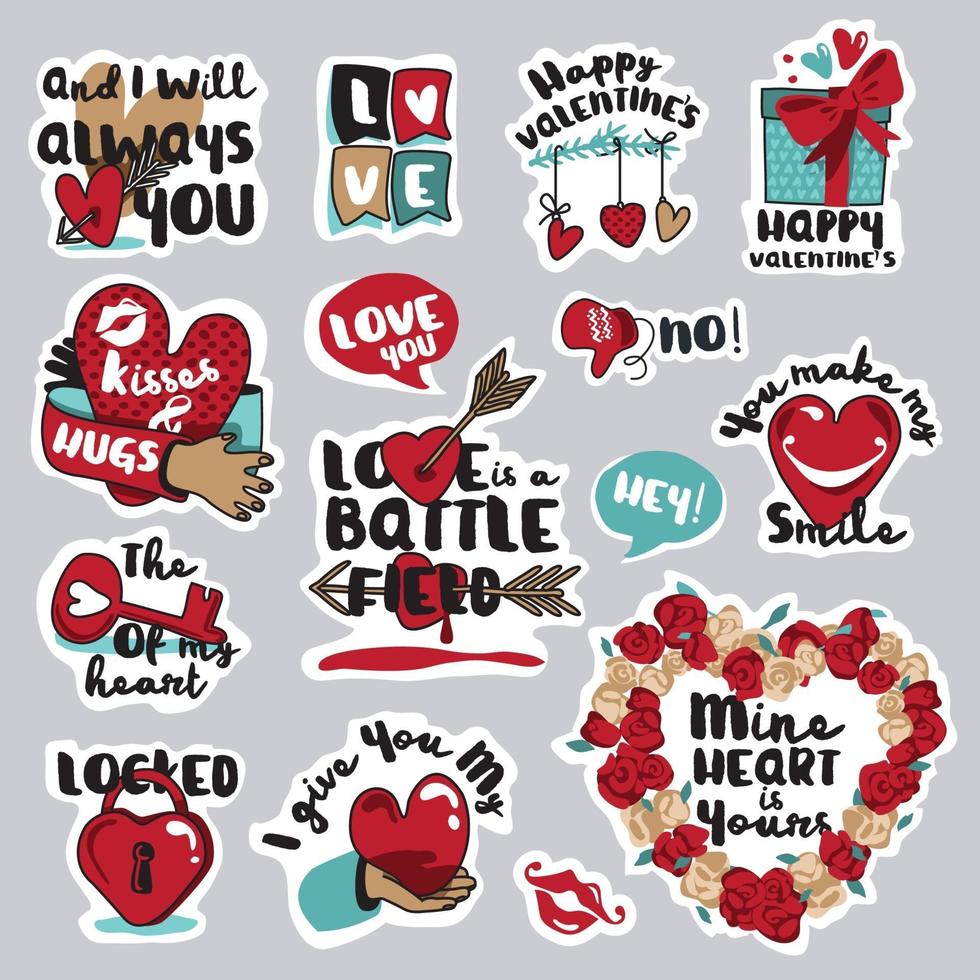 set di cartelli e adesivi dolci e divertenti per social network, web design, messaggi mobili, social media, comunicazione online, carte e materiale stampato. illustrazioni vettoriali per San Valentino, matrimonio, messaggi d'amore.