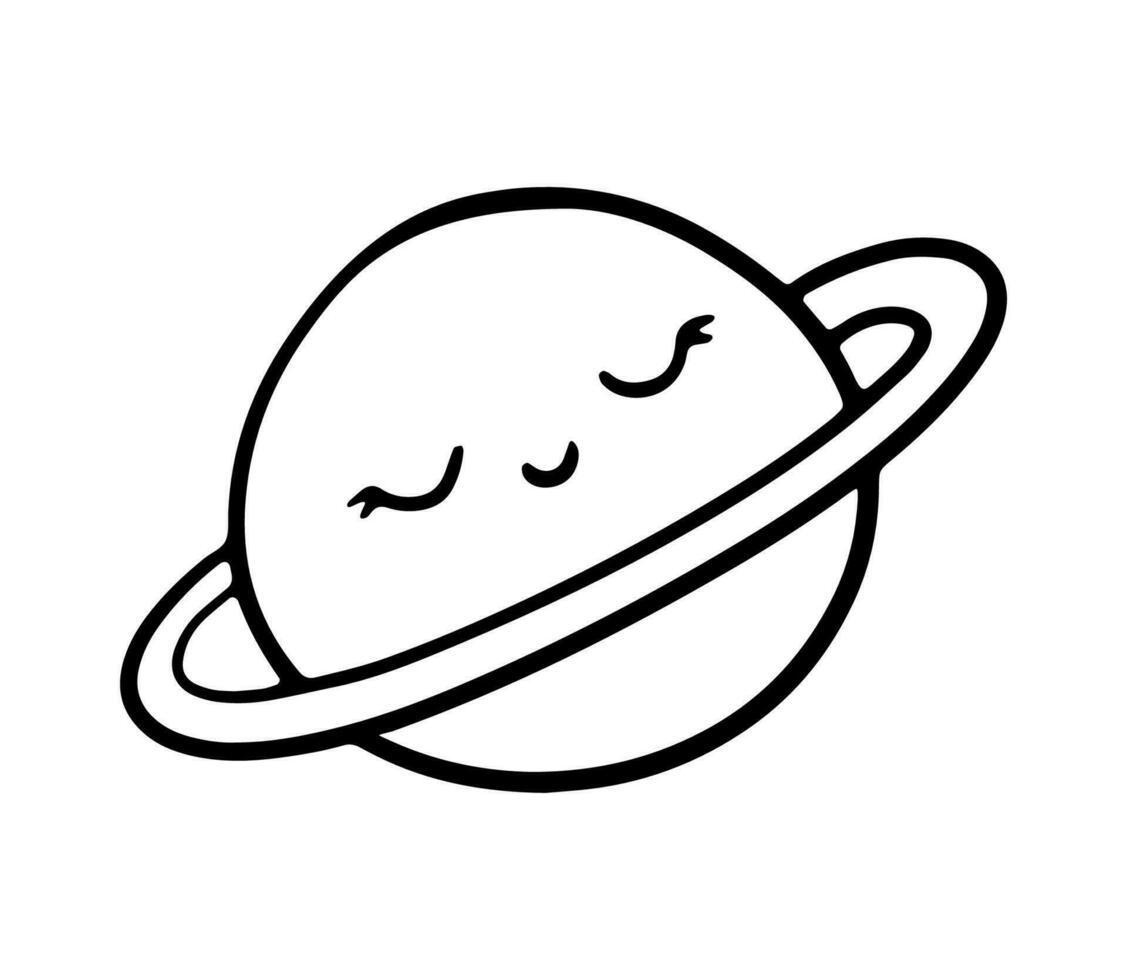 pianeta Saturno con carino viso. bambini schema illustrazione. spazio schizzo per colorazione libro isolato su bianca vettore