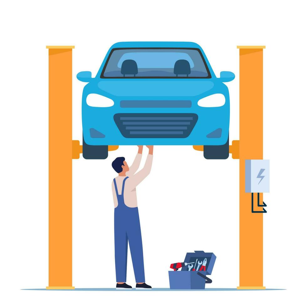 auto riparazione. auto meccanico vicino il auto sollevato su autolift. auto servizio e riparazione, diagnostica. auto servizio. vettore illustrazione.